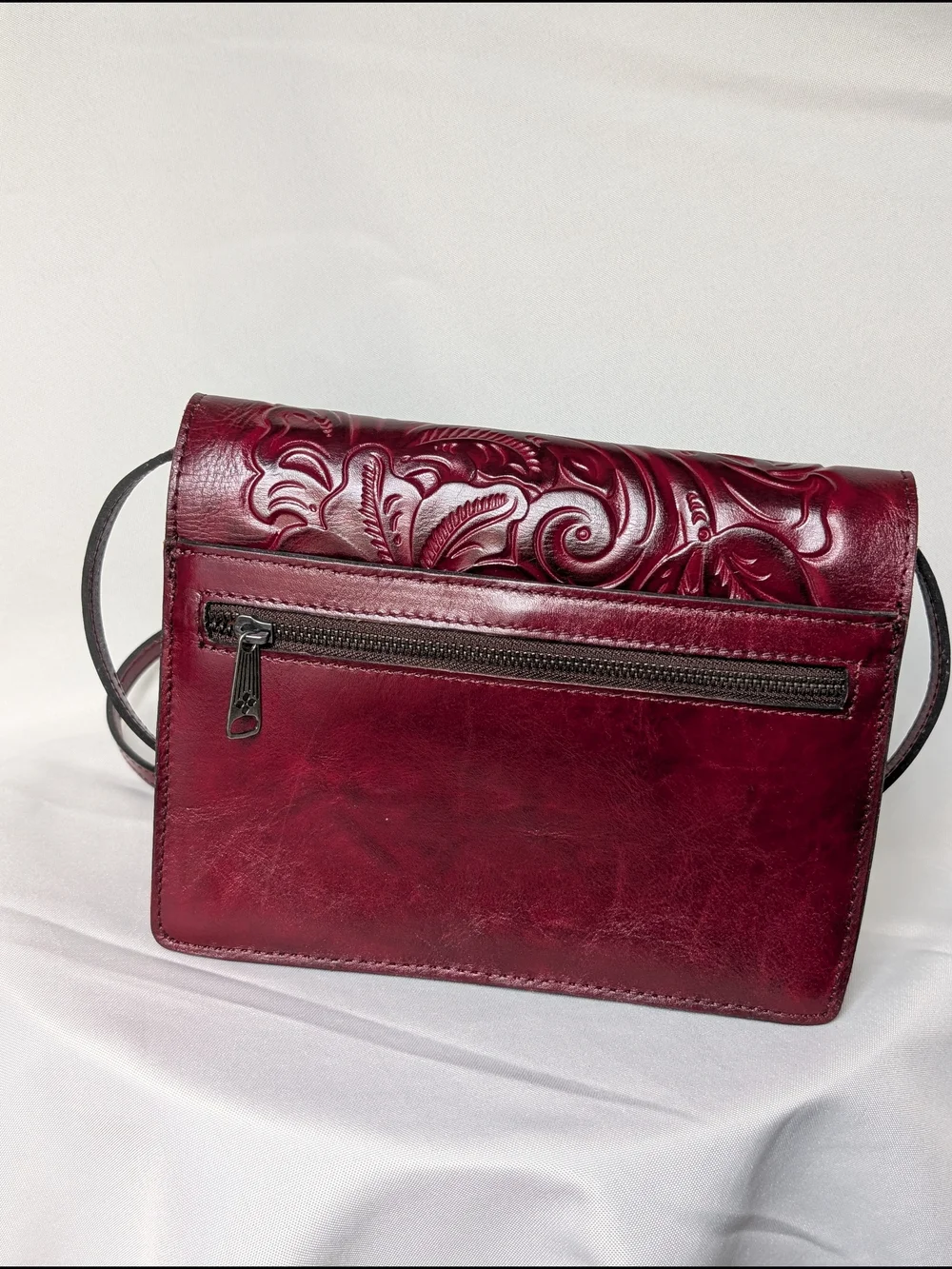 Patricia Nash Locri Crossbody Made In Italy Burgundy Tooled Leather - Picture 3 of 7